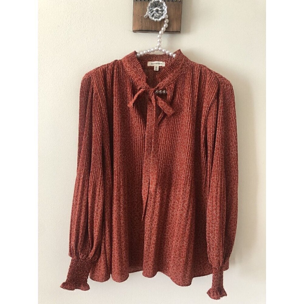 Max Studio Size XS Terra Cotta Blouse Accordian Pleats Ruffle Trim Boho